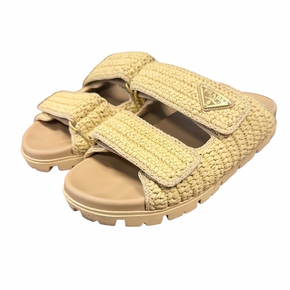 Prada Fussbett Raffia Double Band Tan Woven Slide Sandals - Picture 14 of 16